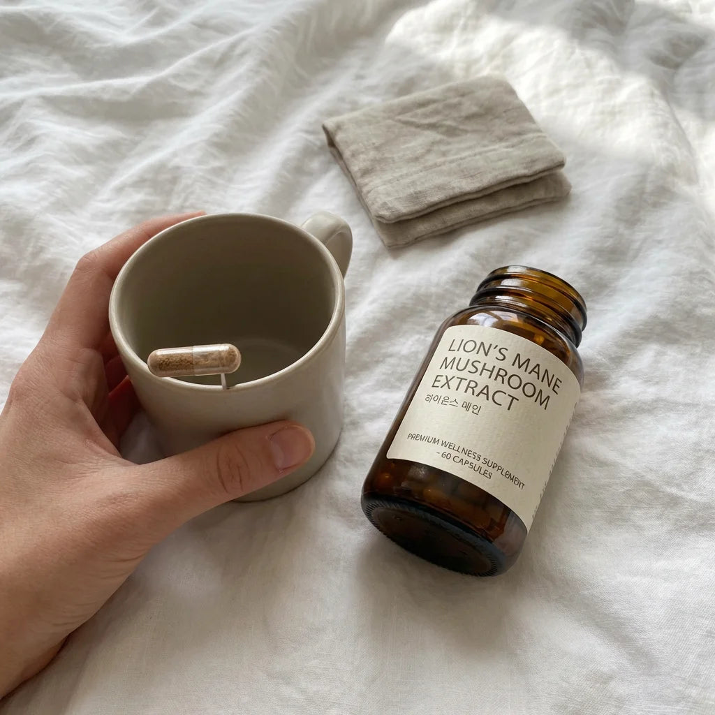 SnailGlow Lion's Mane capsule in hand lifestyle morning routine