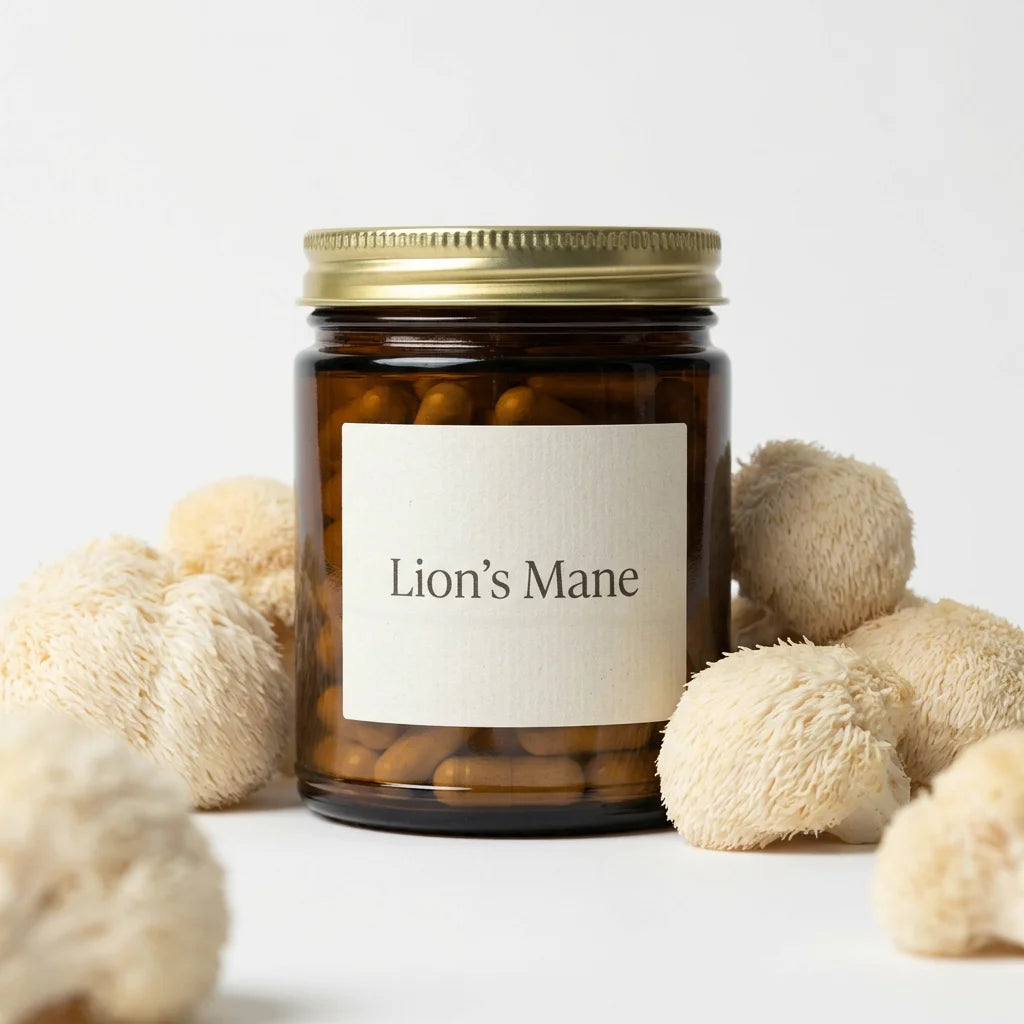 SnailGlow Lion's Mane Mushroom Capsules bottle with fresh mushrooms