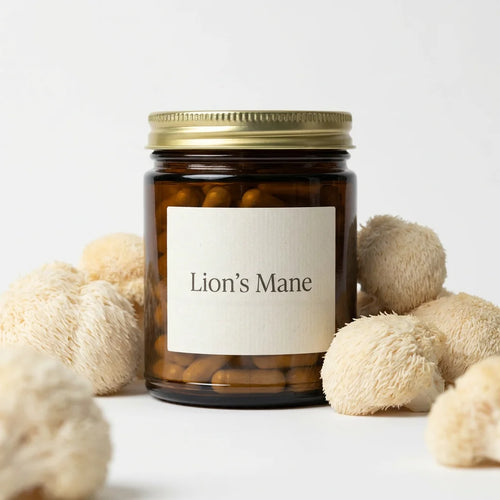 SnailGlow Lion's Mane Mushroom Capsules bottle with fresh mushrooms