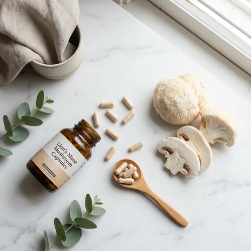 Lion's Mane supplement lifestyle flat lay wellness routine